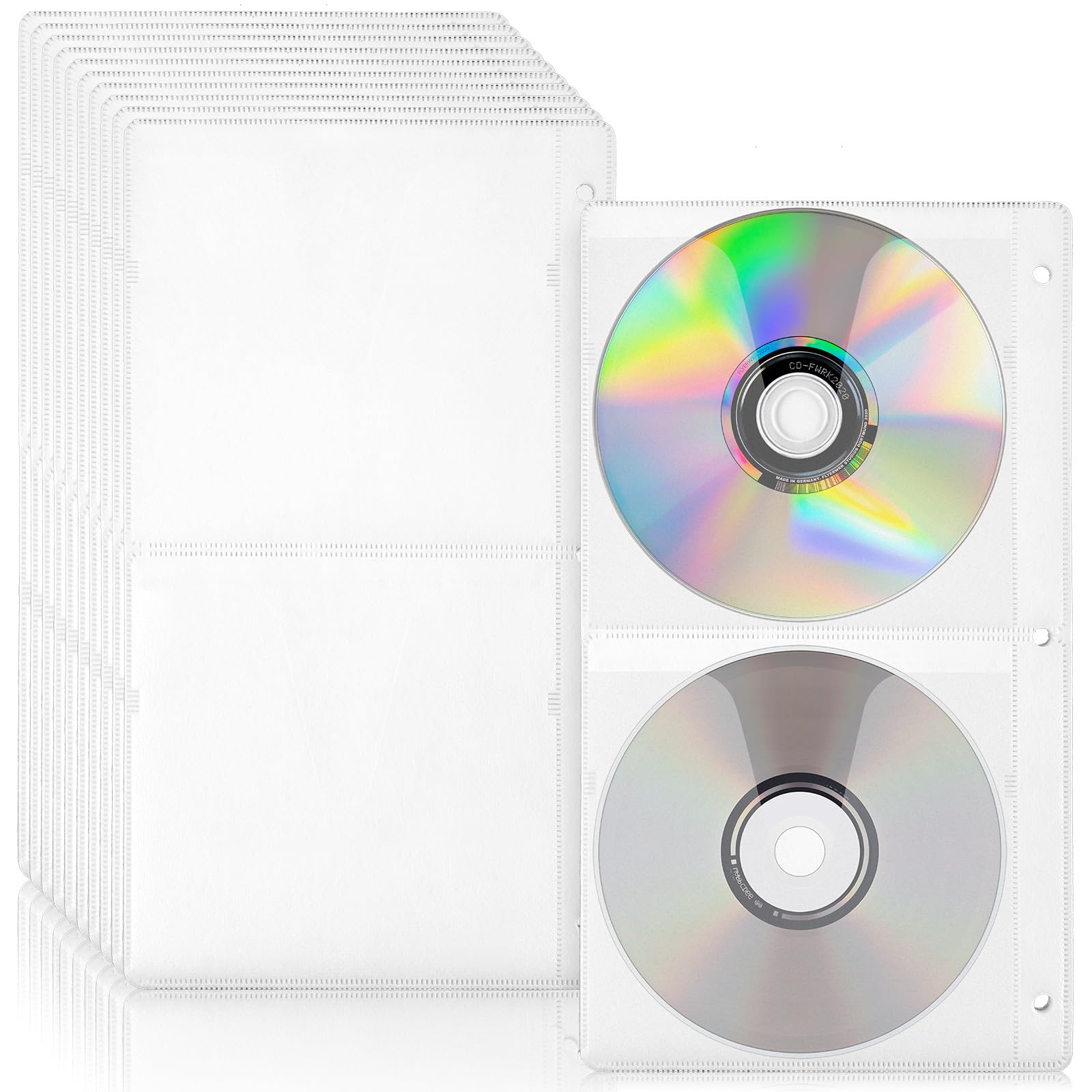 Photo 1 of 100 Pieces 4 Disc DVD Binder Pages Polypropylene Sleeves with Non-Woven Fabric, 400 Disc Capacity for 3 Ring Binders, White Protective Sheets for CD DVD Collection Organization and Storage