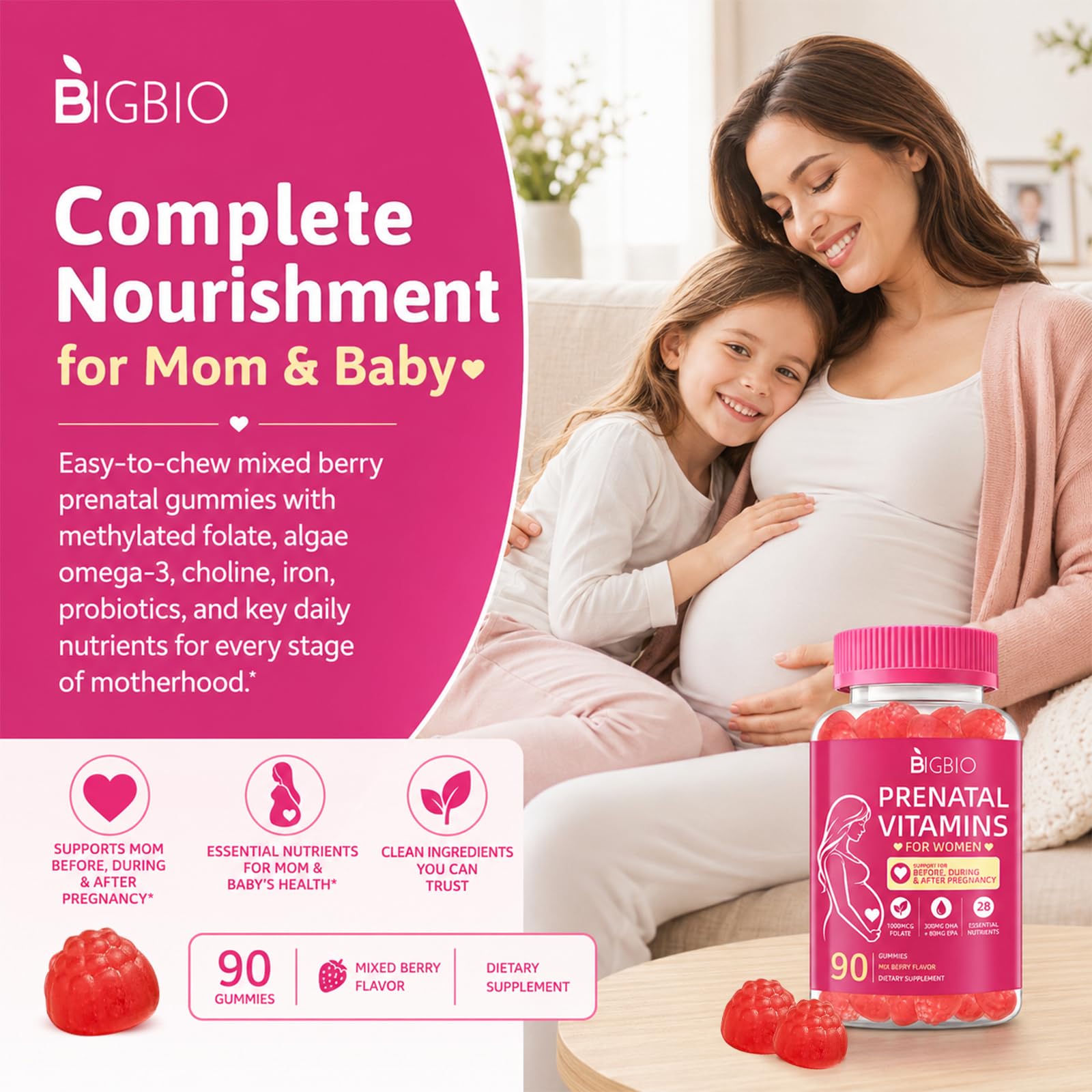Prenatal Vitamins for Women Gummies, Methylfolate 1mg, Choline, Omega 3 DHA EPA, Iron, Probiotics & B Complex, Postnatal Vitamins for Breastfeeding, Sugar Free Vegan, Mixed Berry, 90 Count — Amazon image 6