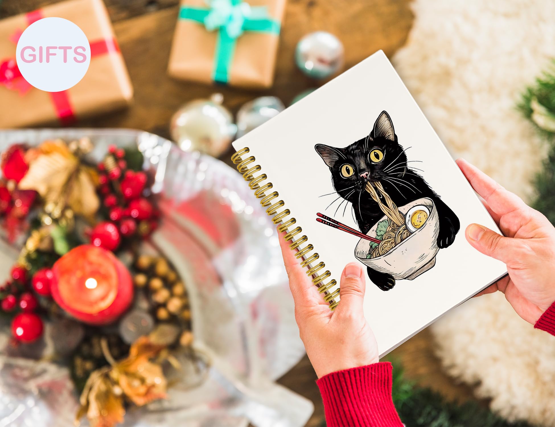ICEWHITEY Cuaderno de gato negro, regalos de gato negro, divertido diario de gato negro come fideos, regalos para amantes de los gatos, regalos de mamá y gato, suministros de oficina para gatos