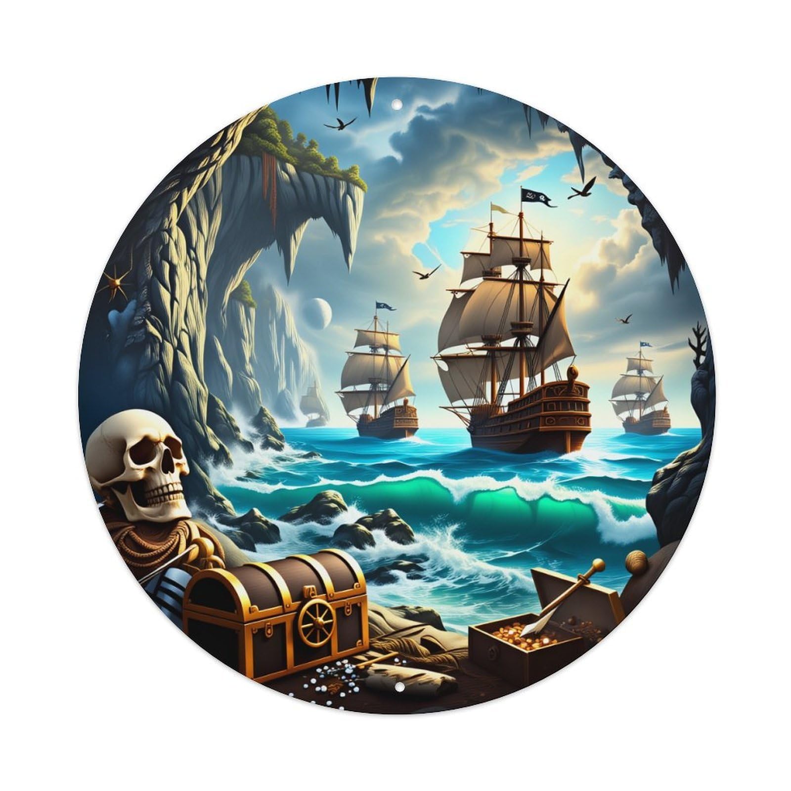 Pirate Ship Treasure Cave Skull Gold Chest Ocean Waves Round Vintage Tin Sign,Retro Wall Art,Metal Poster for Home, Bar, Garage, Cafe, Rustic Indoor & Outdoor Decor, 8x8 Inches