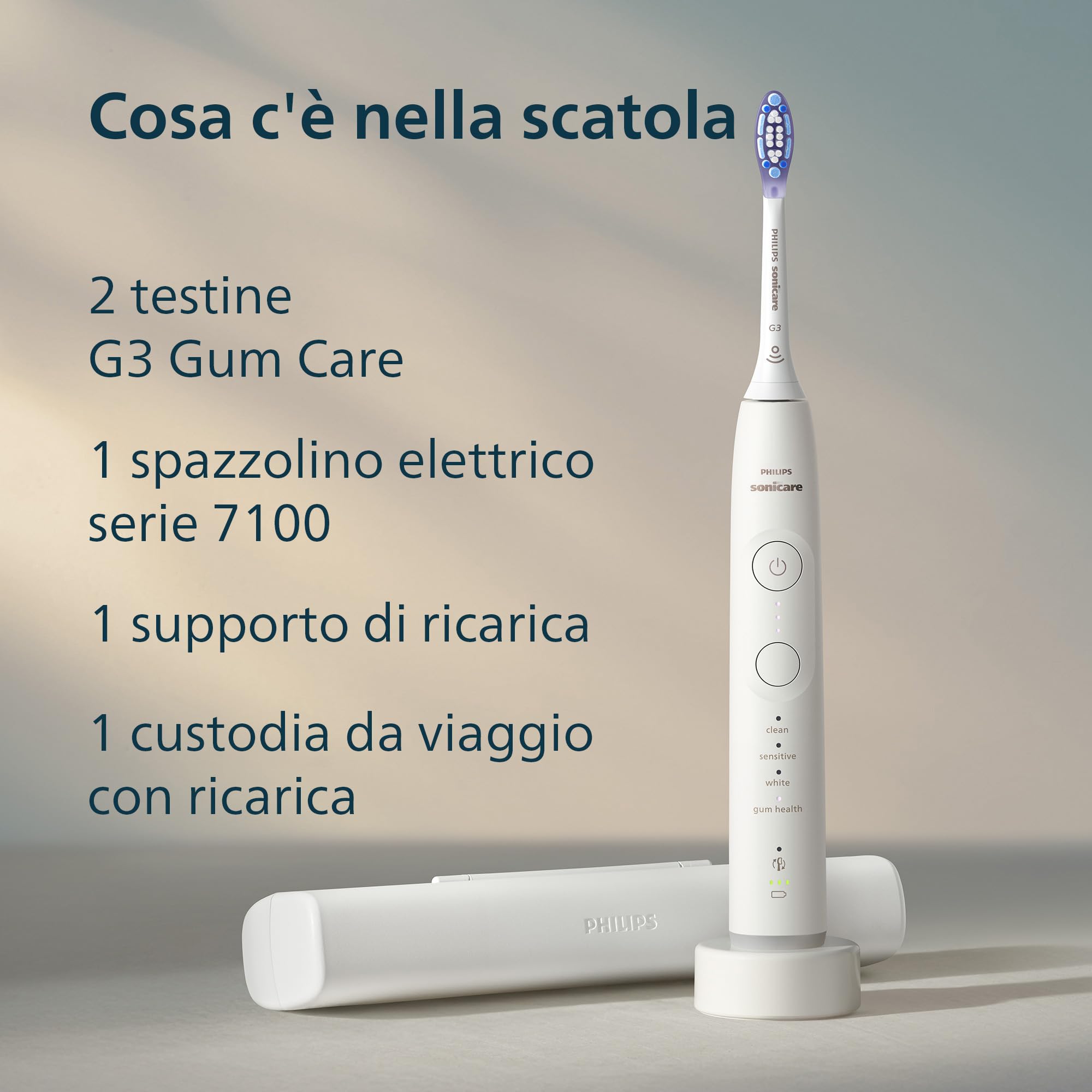 Philips Sonicare 7100, spazzolino elettrico sonico con app, 4 modalità di spazzolamento e 3 livelli di intensità, EasyStart, SmarTimer, bianco, modello HX7420/02 [Nuova tecnologia]
