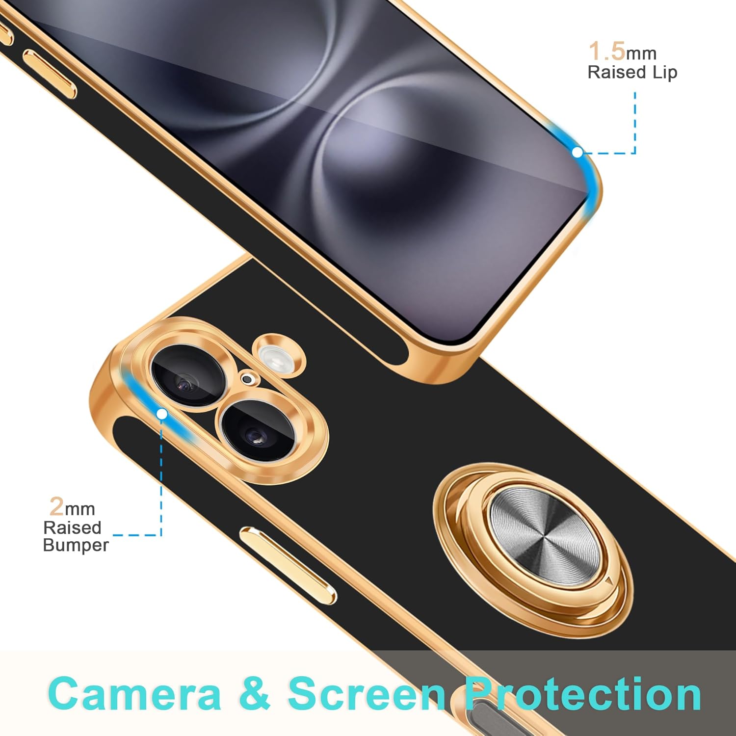 Fingic for iPhone 16 Case[with 360°Rotatable Ring Holder][Support Magnetic Car Mount]Shiny Plating Gold Slim Thin Soft TPU Rugged Bumper Shockproof Case for iPhone 16 for Women Men,6.1 inch,2024,Black - Image 2