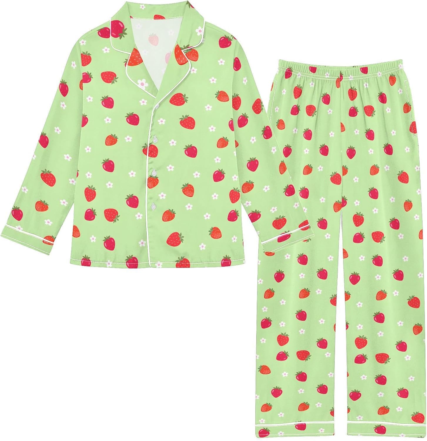Red Strawberry Flower P Satin Pajama Sets Long Sleeves Nightwear Button Down Sleepwear