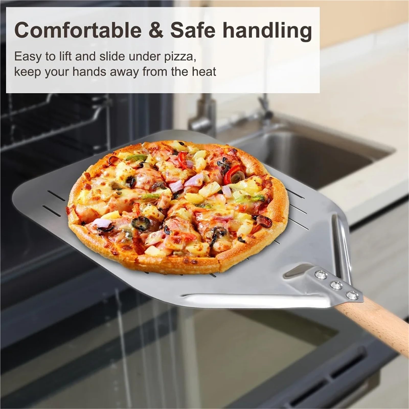 Pala for pizza in acciaio inox da 12 pollici con manico in legno perforato e gancio for appendere, for cucine commerciali domestiche forni