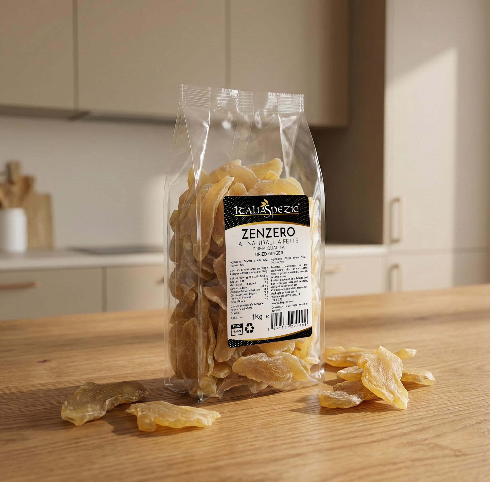 ITALIA SPEZIE - Zenzero disidratato 100% Naturale a Fette 1 Kg - Essiccato al naturale - senza solfiti aggiunti - frutta disidratata
