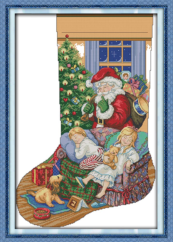 OWN4B Cross Stitch Kits Pre Printed, Christmas Stocking-Santa Claus Stamped Pattern 11CT 21.3x30.3 inch DIY Embroidery Kit (Sock 12)