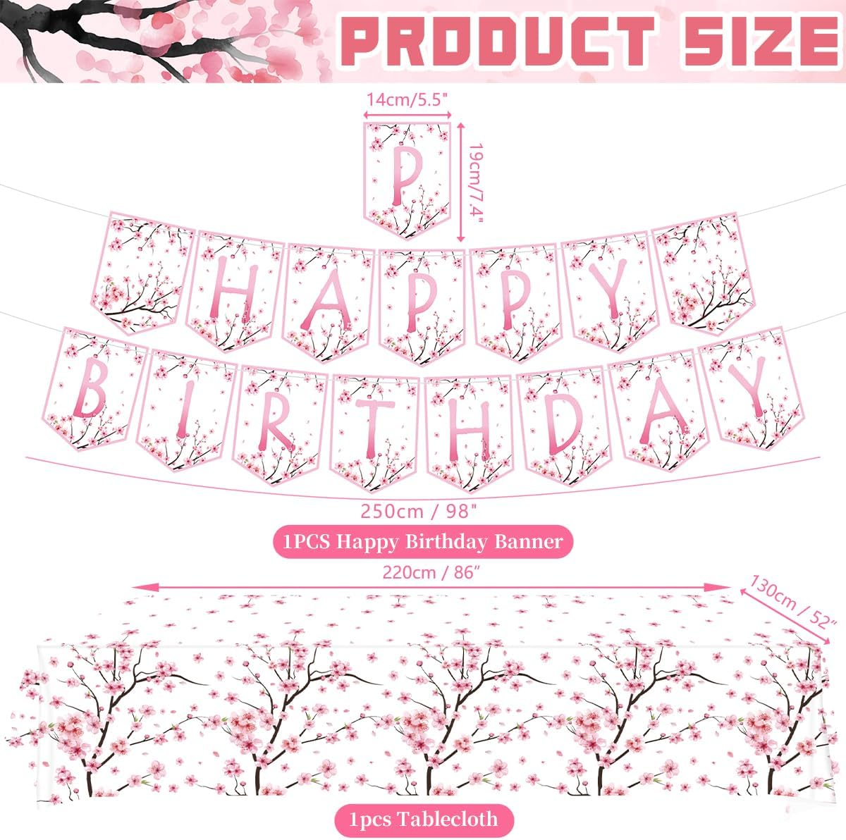 193 PCS Cherry Blossom Party Supplies Includes Plates, Napkins, Cups, Tablecloth, Banner, Balloons, Cake Topper, Tableware for Japanese Party Decorations, Spring Theme, Baby Shower Birthday Party