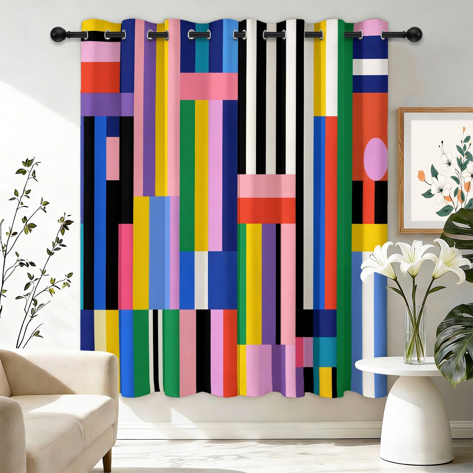 Verdunklungsvorhänge mit Ösen für Wohnzimmer, Mode Abstrakt Geometrisch Streifen Thermovorhang Hitzeschutz 2er Set B75 x H166 cm Bunt, Schlafzimmer Vorhänge Blickdicht Fenster Gardinen