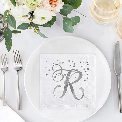 Miniatura 3 de Paquete de 200 servilletas desechables con monograma de papel de aluminio plateado letra R, servilletas de bebida inicial para bodas, fiestas de