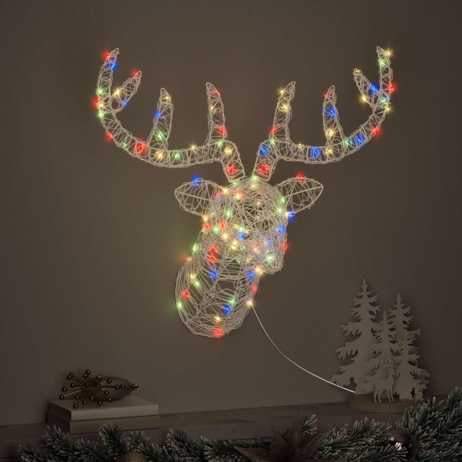Akrylowa główka renifera, dekoracja bożonarodzeniowa z 140 diodami LED, kolorowa, 68 x 36,5 x 62,5 cm, zasilana przez USB, trwała, odporna na warunki atmosferyczne, do wnętrz, choinki