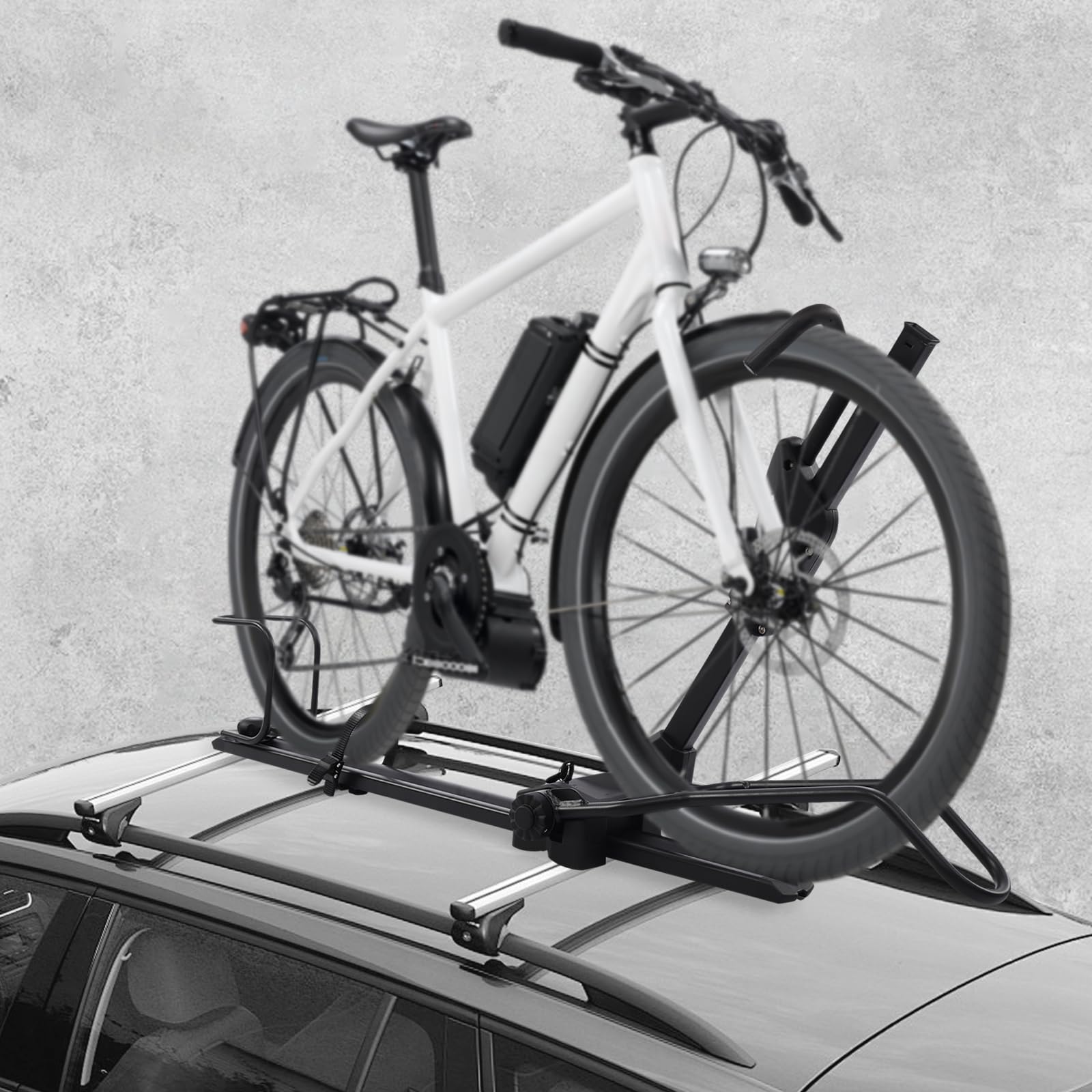 Portabicicletas plegable, portabicicletas de techo vertical, universal, ancho de los neumáticos 5,59 cm, altura ajustable de 75 – 98 cm, portaequipajes para montaje en coches, SUV, MPV