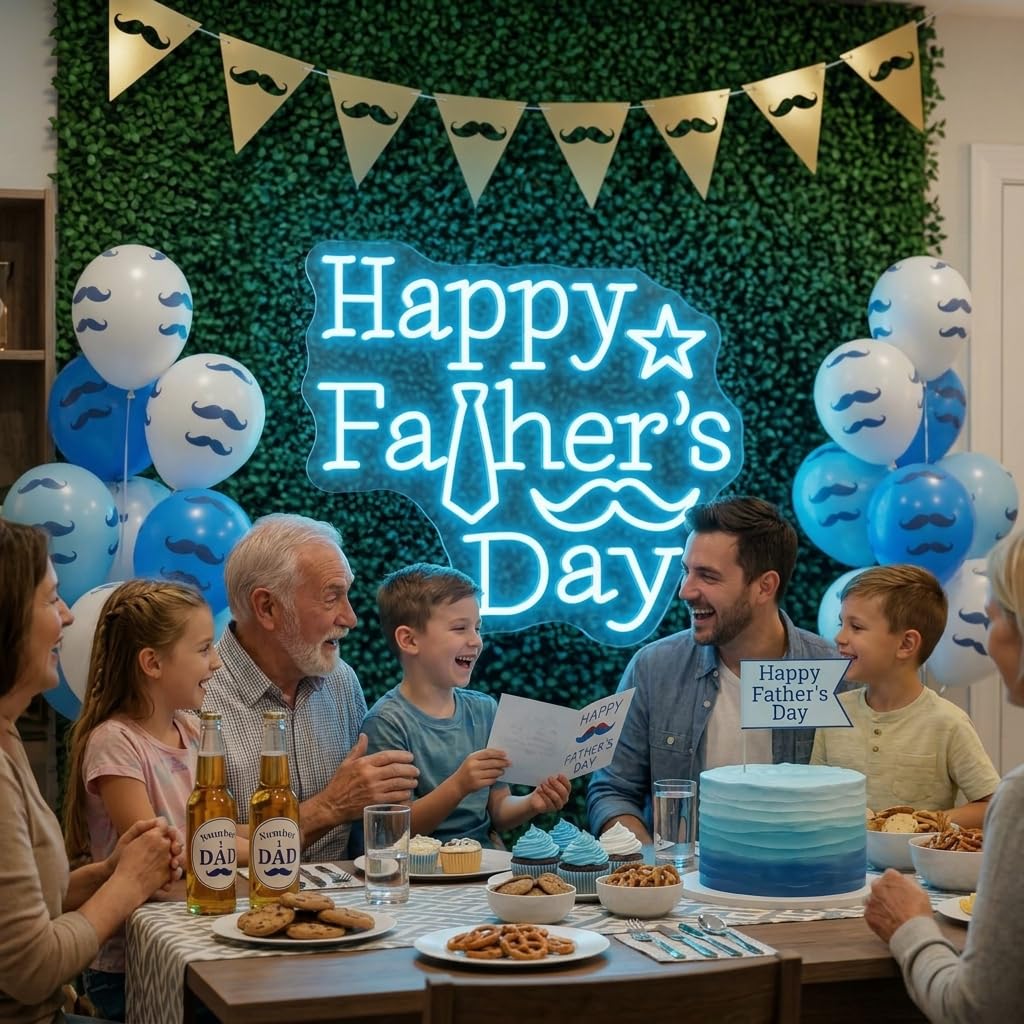 Insegna al neon con scritta "Happy Father's Day", luce al neon a LED blu ghiaccio con cravatta e baffi, alimentata tramite USB, decorazione da parete per festa del papà, camera da letto