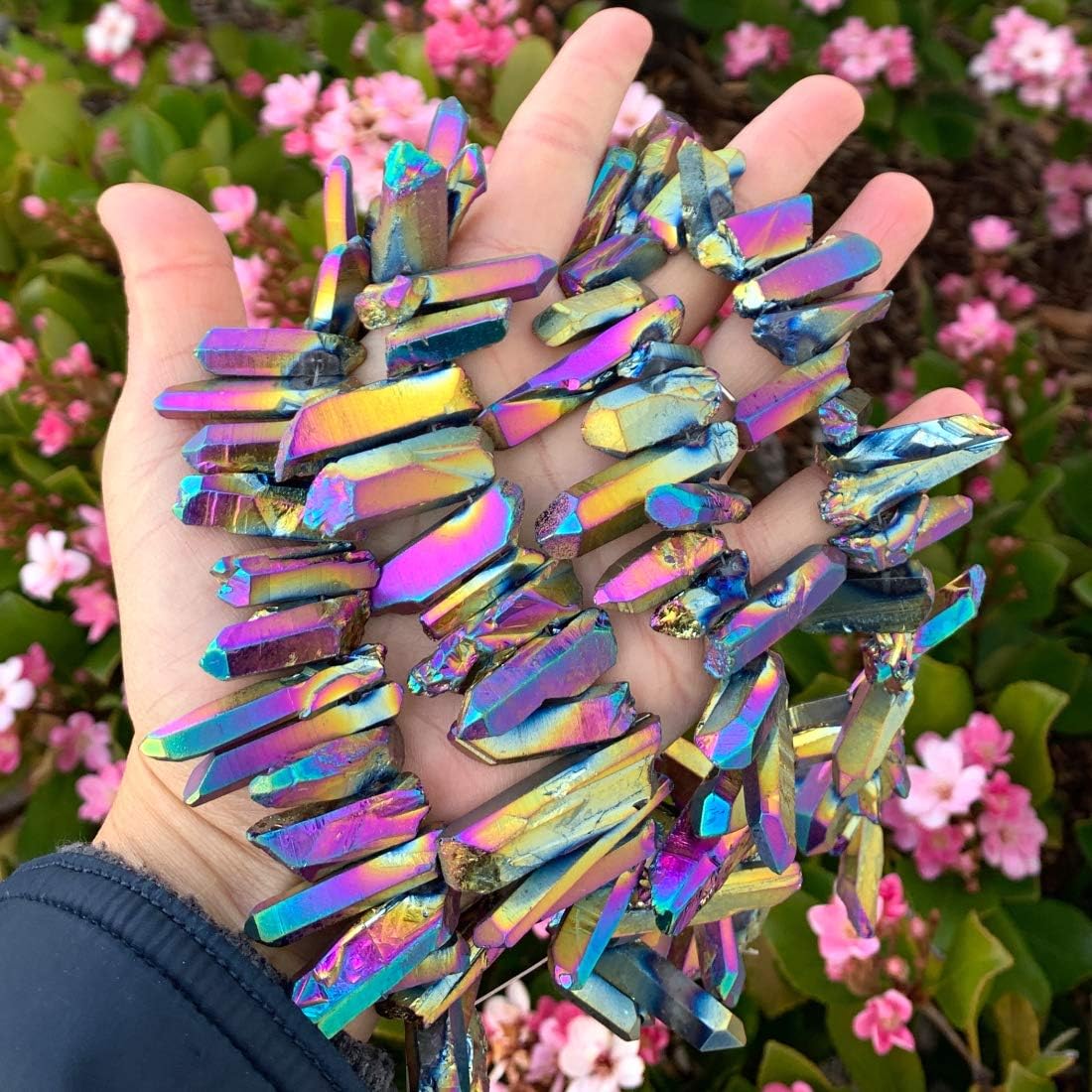 Adabele 30 Inch Natural Raw Healing Crystal Quartz Gemstone Loose Beads Medium Drilled Point Rainbow AB Titanium Coated Chakra Gem Stone Drop Stick GA-D5