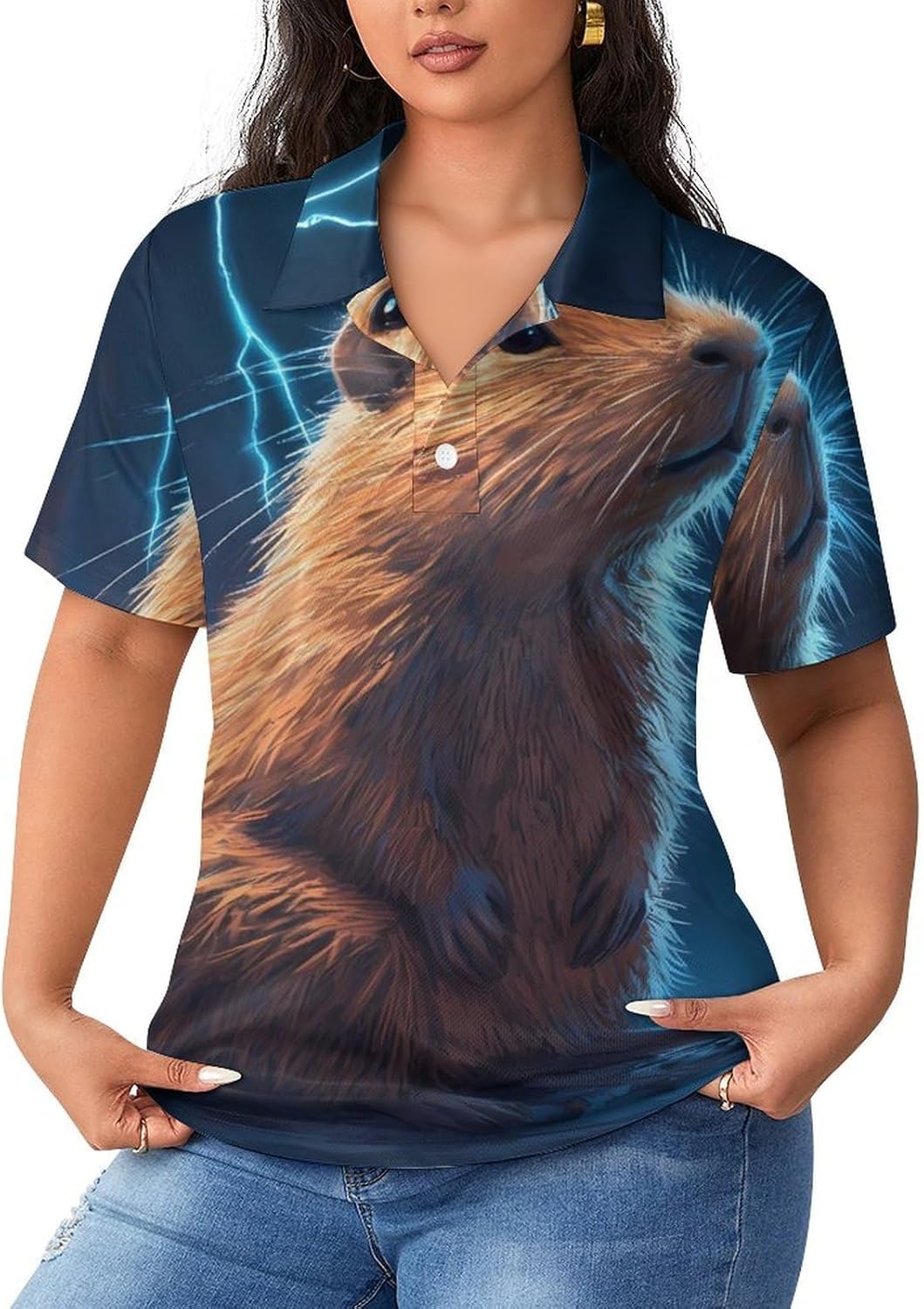 Thunder and Capybara Women's Golf Polo Shirts Short Sleeve Quick Dry Tennis Tops Casual Work Blouses