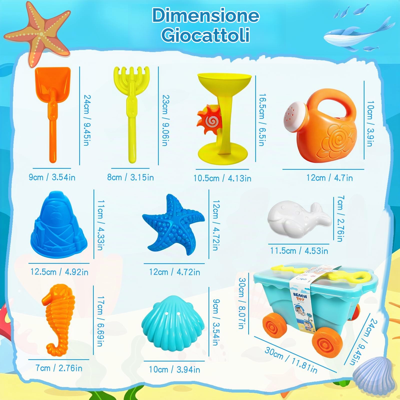 RedCrab 10 Pezzi Giochi da Spiaggia per Bambini, Giochi Spiaggia Bambini con Carrello Trascinabile, Pala, Rastrello, Annaffiatoio e Clessidra, Giochi per Esterni per Ragazzi e Ragazze