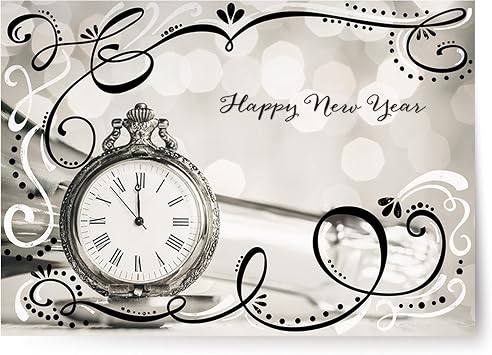 Designer Greetings Boxed New Year Cards, Happy New Year Vintage Pocket Watch Design Box of 18 Cards with White Envelopes