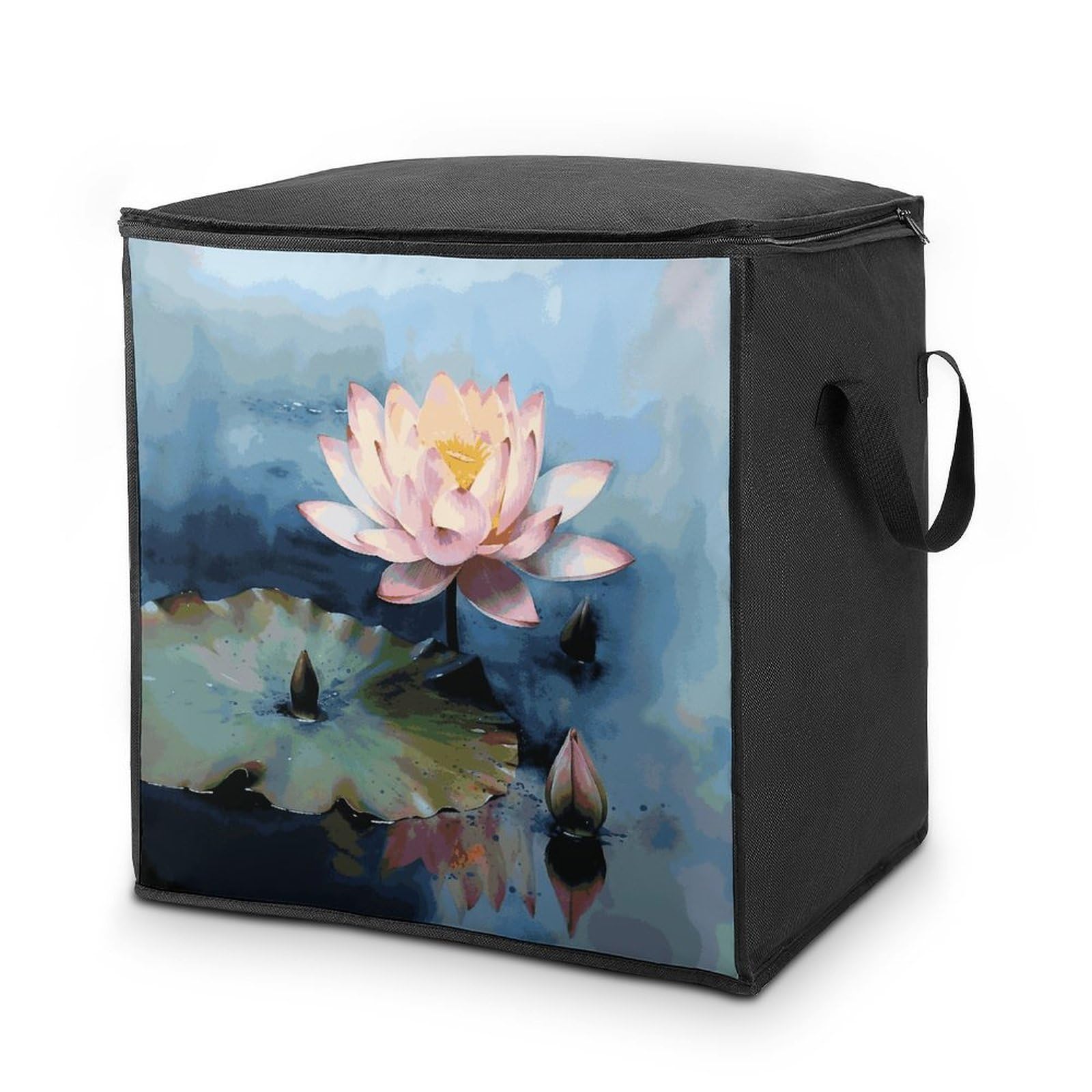 Lotus Flower Painting Storage Bag with Zippers And Handle Extra Large Bedding Comforter Storage Bag Foldable Blanket Storage Bags Fabric Moving Bags for Closet Organizer (70L)