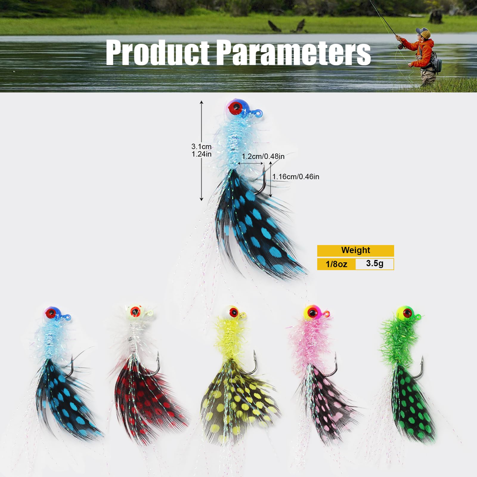 Crappie Jigköpfe Kit, lebensechte Augen, Marabu-Haar-Jigs mit farbiger gepunkteter Feder und scharfen Haken für Panfish Crappie Zander Striper Angeln 1/8 1/14 1/8 1/793.8 g