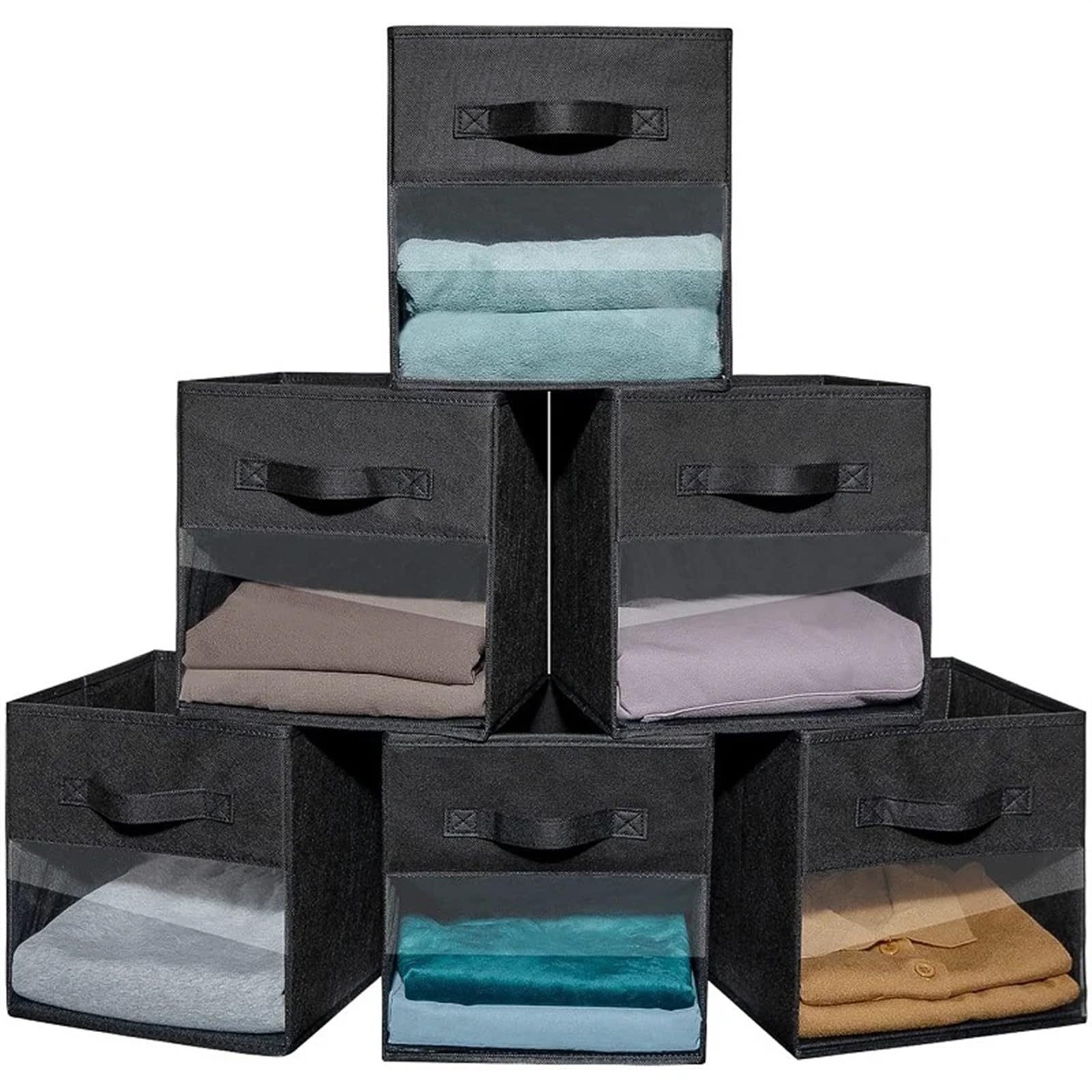 EWUHYFP Collapsible Storage Box Soft Fabric Closet Storage Organizer Cube Bin Box with Clear Window and Handle(Black)