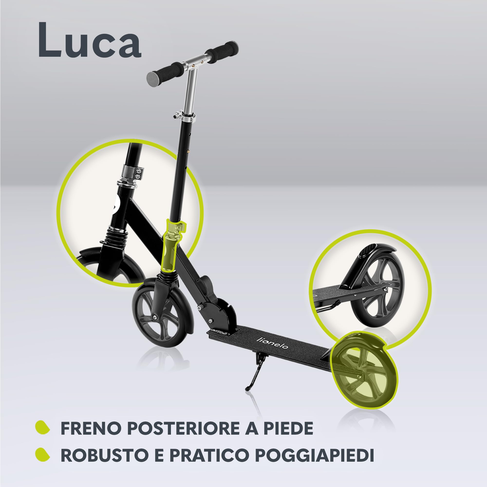 LIONELO LUCA Monopattino pieghevole per Bambini e adulti fino a Regiolable e leggero solo Costruzione solida Ruote Ammortizzatori ShockResist, Freno