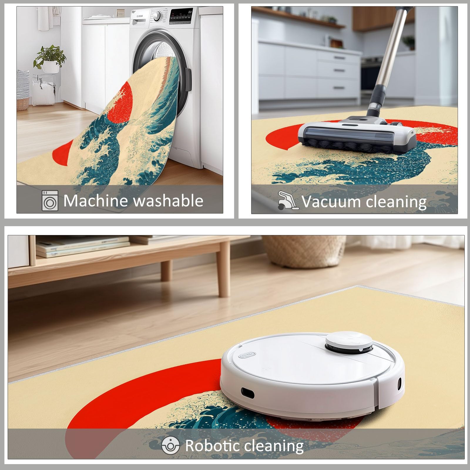Tapis Doux À Poils Courts Japonais Rétro Vagues Soleil Rouge, Tapis de Décoration Imprimé Beige pour Salon Chambre Salle à Manger Bureau Entrée 80 x 150 cm - Lavable en Machine