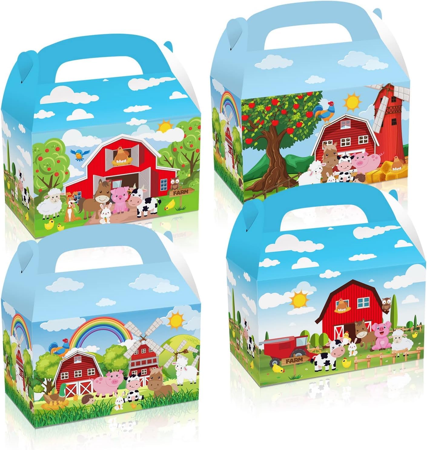 12 Pack Red Farm Party Favor Boxes with Handle, Farm Themed Party Goodie Boxes, Farm Animals Paper Boxes, Farm Cow, Horse, Sheep and Rabbit Pattern Treat Boxes, Blue Sky Candy Boxes