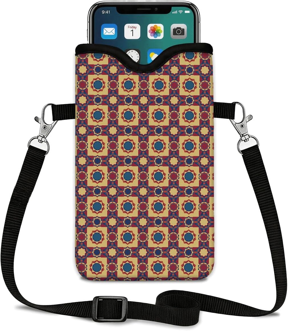 Neoprene Cell Phone Sleeve Pouch Case Bag with Crossbody Strap, 7.1x3.9 in, Shockproof Phone Bag with Neck Lanyard, Fits Most Phones, Vintage Geometric Tile Design
