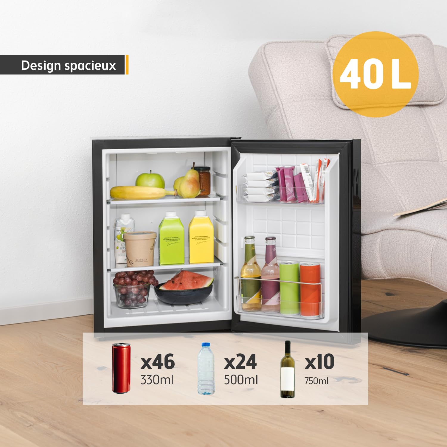 TZS First Austria Mini réfrigérateur 40L silencieux porte réversible lumière intérieure minibar camping bureau chambre hôtel