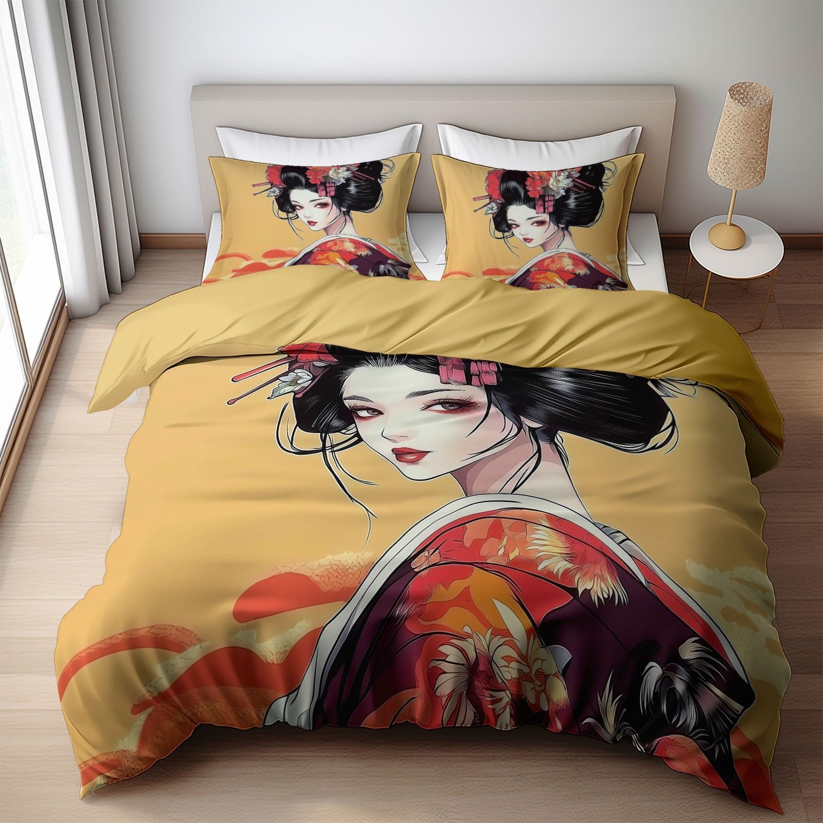 Japoński zestaw poszewek na kołdrę Geisha Kimono Yellow, 180 x 220 cm 100% szczotkowana bawełna zestaw poszewek na kołdrę, 3-częściowy zestaw poszewek na poduszki, zapięcie na zamek błyskawiczny