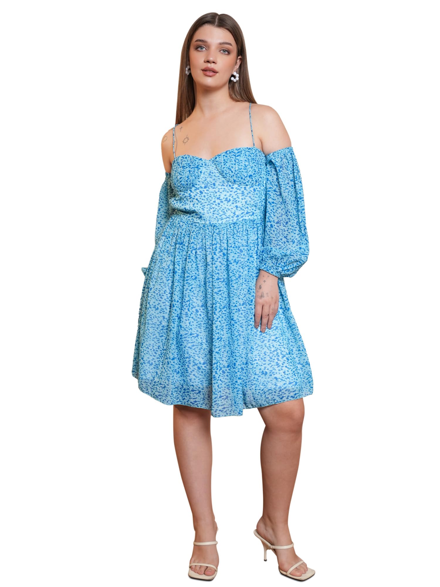 Purvaja Womens Fit & Flare Above Knee Length Dress (Floe-028_Blue_Medium)