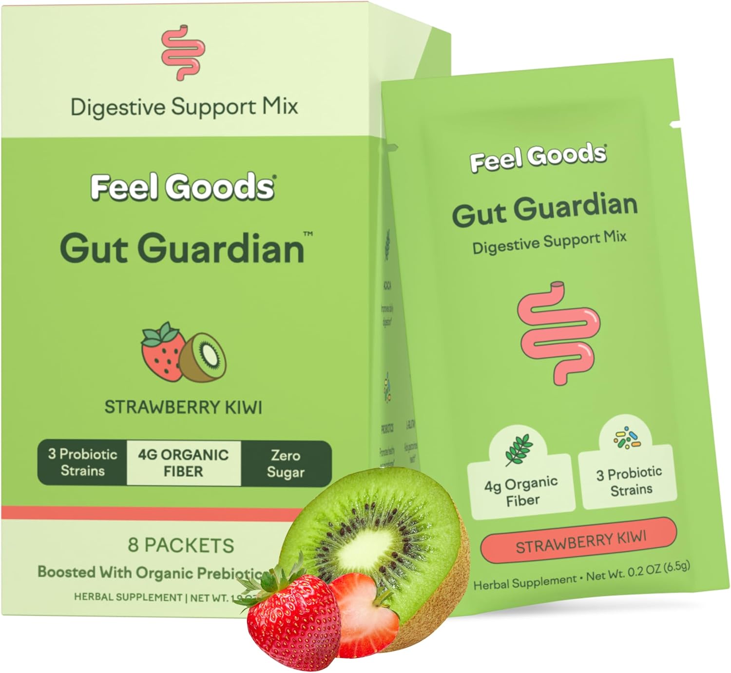 Feel Goods Gut Guardian, Prebiotic & Probiotic Powder, Organic Fiber, Sugar Free, Herbs for Bloat, Gut Health Support, Digestive Health for Men & Women, Non GMO, Vegan | Strawberry Kiwi, 8 Count