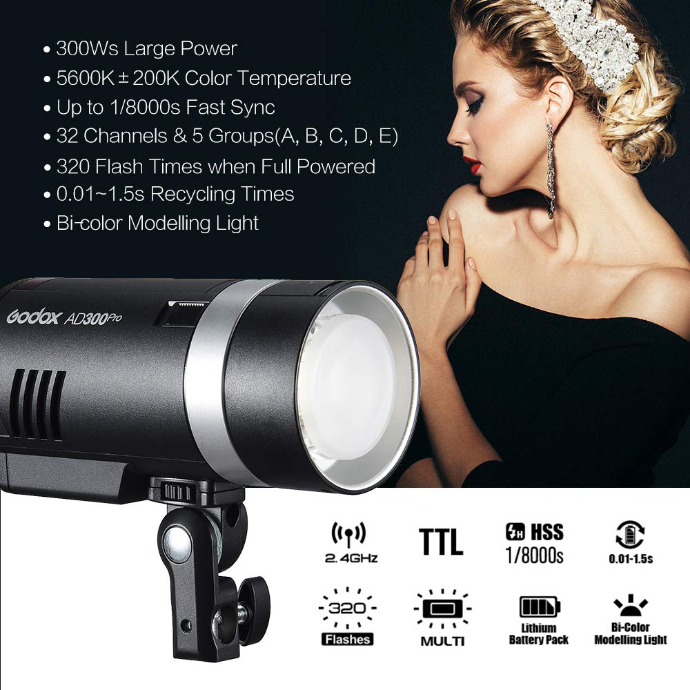Godox AD300Pro Luz estroboscópica portátil para Exteriores 2.4G Inalámbrica 300Ws 5600K TTL 1 / 8000s Sincronización rápida 0.01~1.5s Compatible con CanonNikon Sony FUJIFILM Panasonic Pentax Olympus