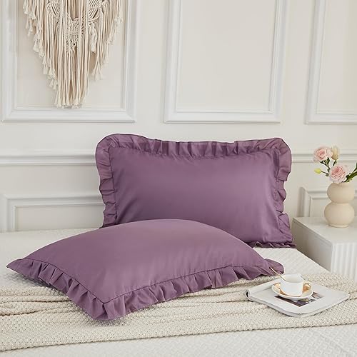 Juego de 2 fundas de almohada beige con volantes, color beige, gris, estándar, queen, juego de 2 fundas de almohada Shabby Chic (Queen (20 x 30