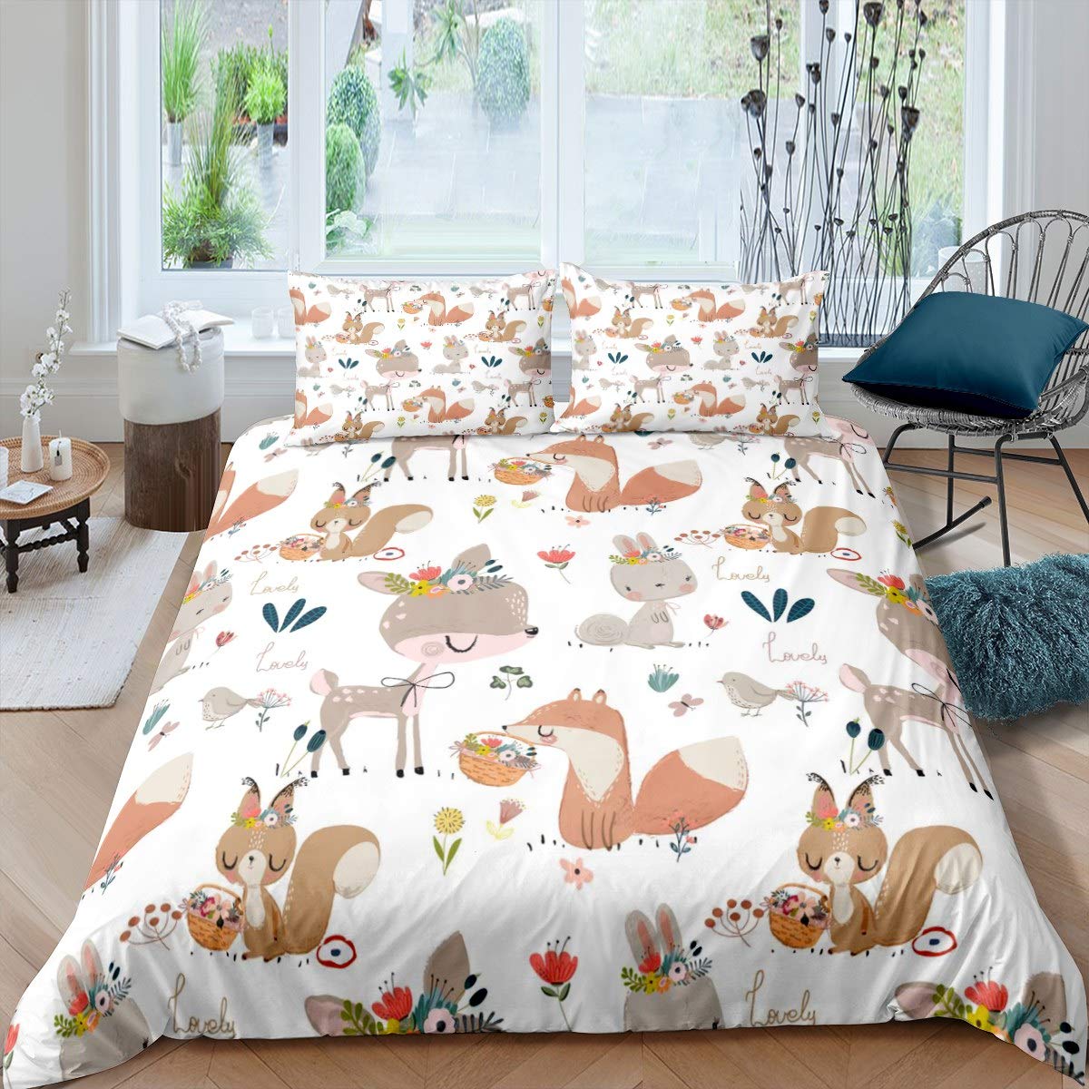 Homemissing Set di Biancheria da Letto con Animali Motivo Coniglio, Volpe, Cervo, Scoiattolo, Fiori e Natura - Leggerissimo Copriletto Singolo