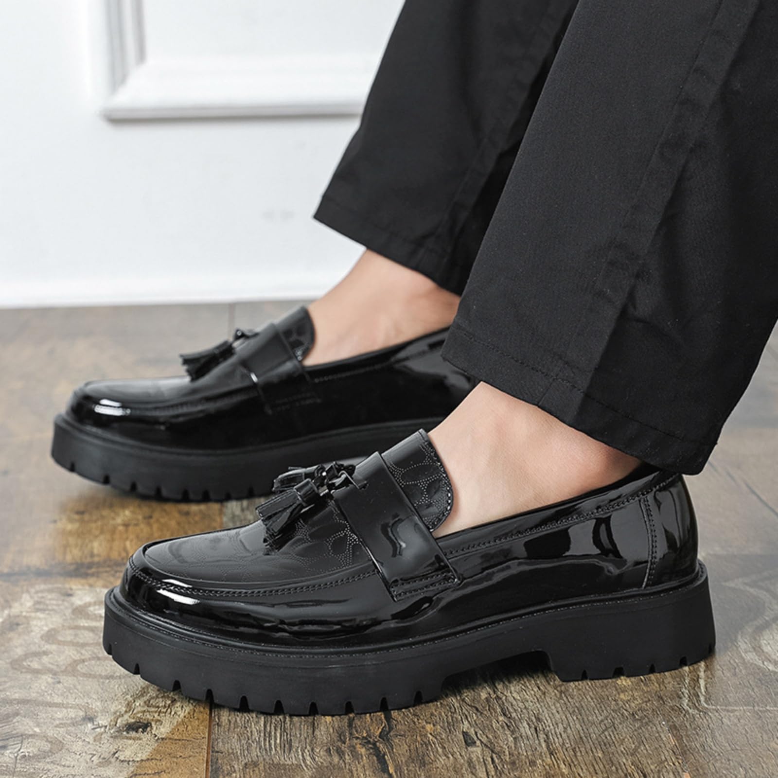 Mocasines Plataforma Hombre Zapatos Vestir Slip-On De Piel Charol | Zapatos Formales De Estilo Moderno Con Borlas, Puntera Redonda Y Suela De Goma, Para Bodas Y La Oficina