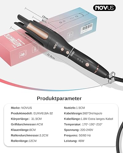 Miniatura 8 de Rizador automático antiquemaduras, rizador giratorio, rizador de cerámica, barra de rizado automático, dirección ajustable, recordatorio de tiempo,