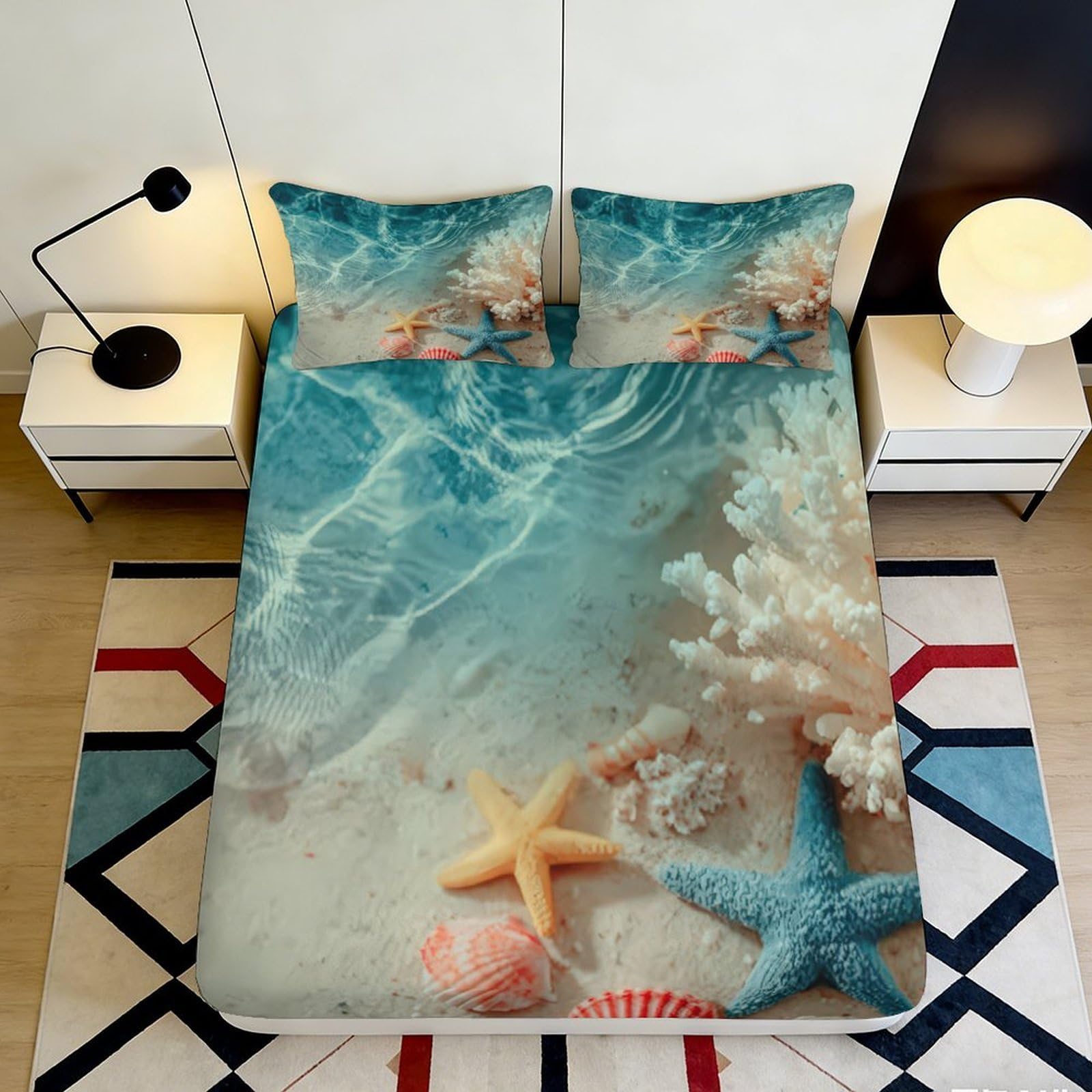 Pnayamiorkfel Style-9 3D Printed Ocean Beach Fitted Sheet Microfiber Soft Anti-Slip Starfish Coral Bed Cover For Bedroom Decor 90X200x25cm