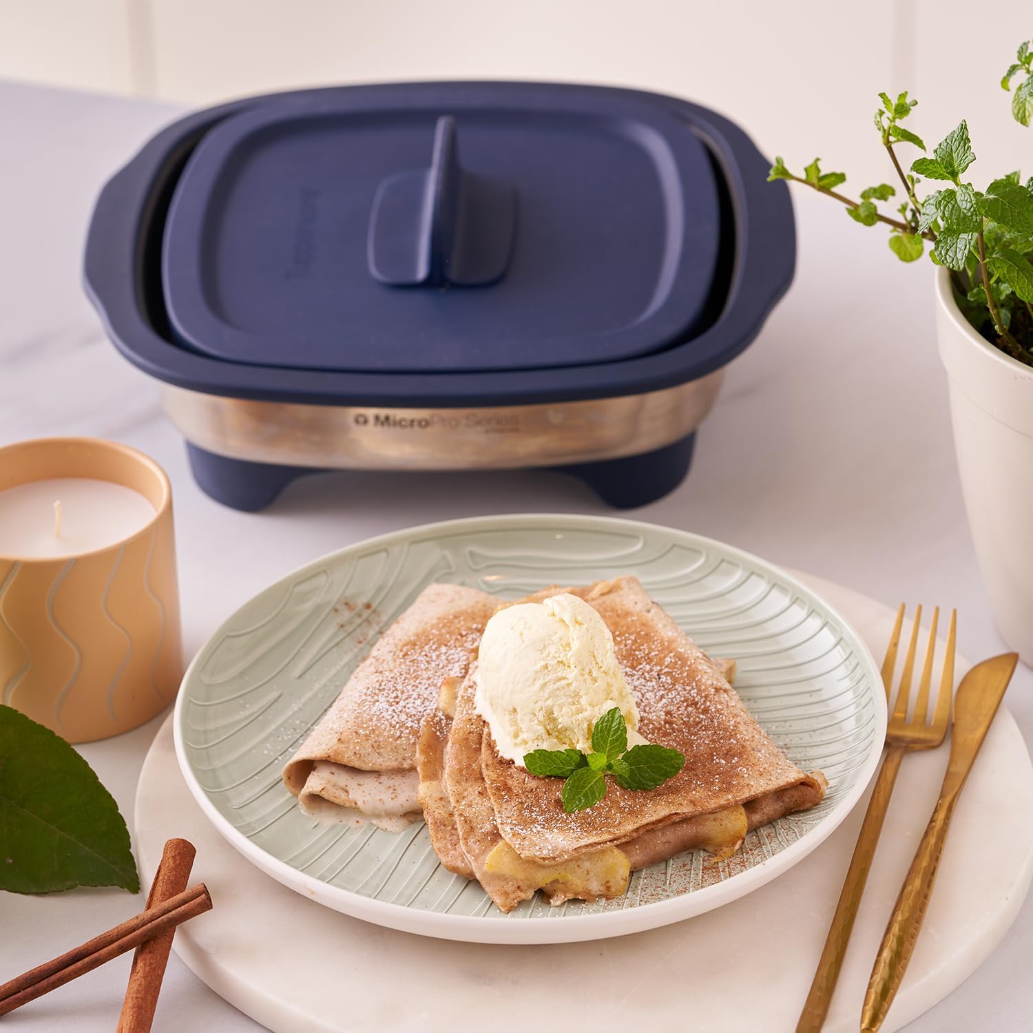 Tupperware MicroPro Grill with cooked crepes and ice cream