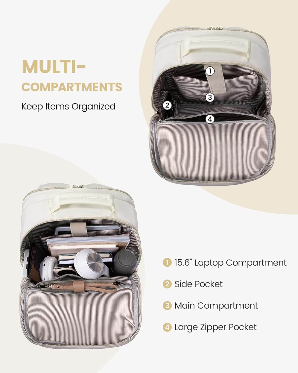 LOVEVOOK Laptop Backpack Purse for Women, Work Travel Computer Bags, College School Backpack for Student Girl, Quilted Casual Daypack with USB Port, Fit 15.6 Inch Laptop, Beige White - Image 2