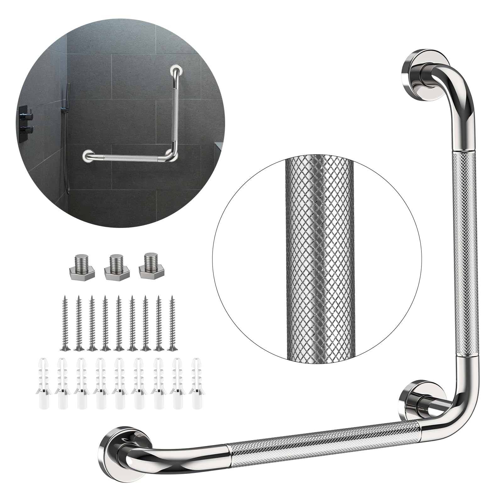 Polished Chrome Angled Grab Bar 16x16 Inch, L-Shaped Grab Bars for Shower