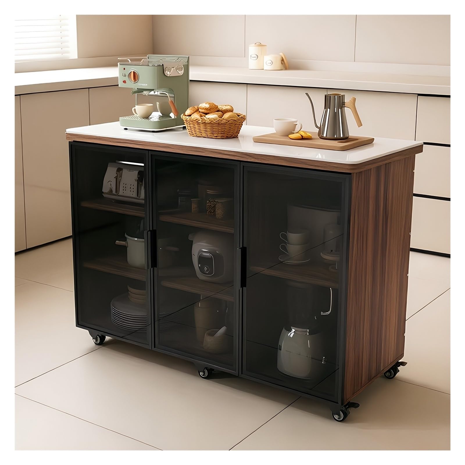 Carrello da cucina Isola cucina con ruote con ante, ripiani portaoggetti, ruote con serratura e piano di lavoro(L)