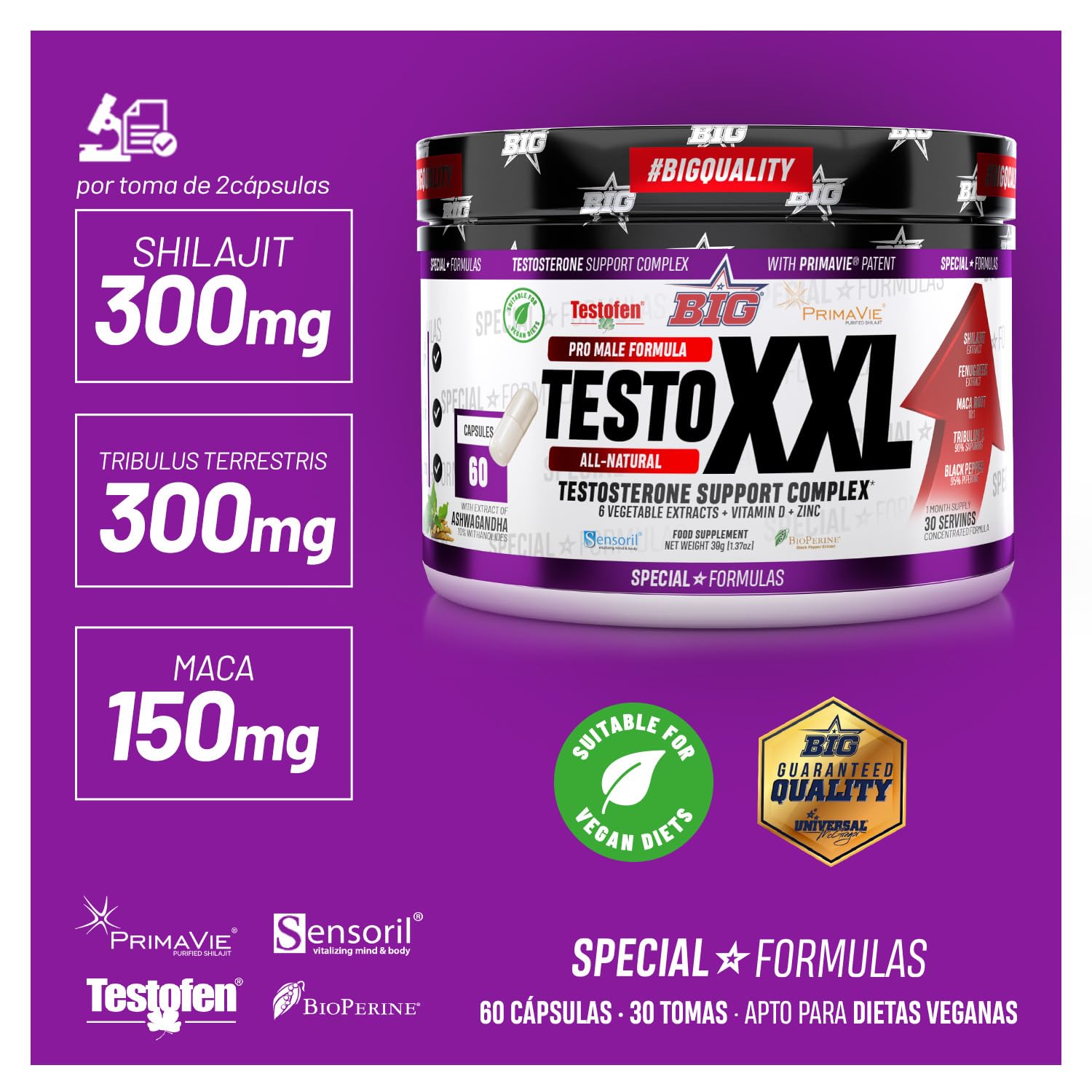 BIG Testosterona Hombre 60 Cápsulas Precursor Natural para Aumento de Masa Muscular, Energía y Rendimiento Físico