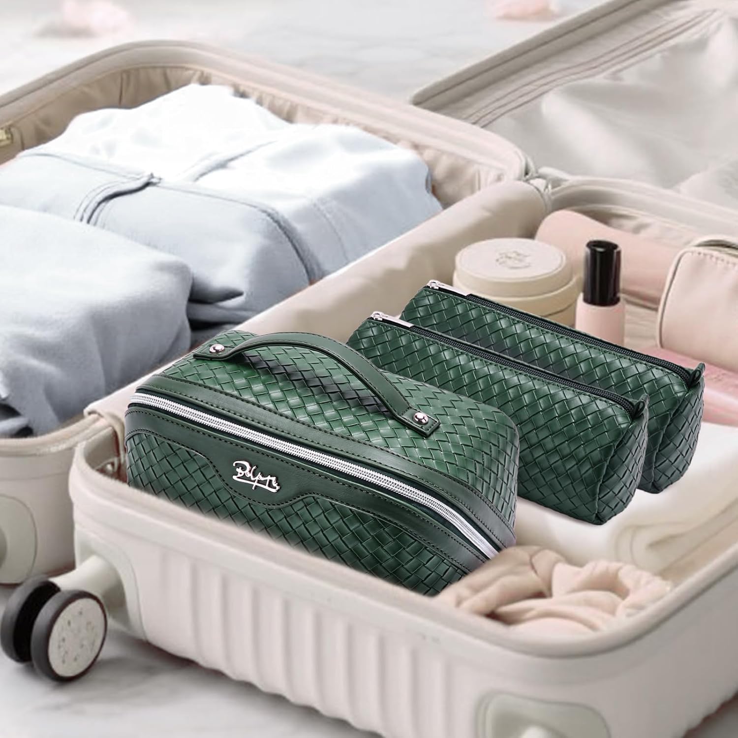 BOYATU Travel Makeup Bag Cosmetic Bags for Women: Large Capacity 3 Pcs Set Make up Bag with Compartments - Waterproof Vegan Leather Toiletry Organizer Bags with Handle (L06 Olive) - Image 8