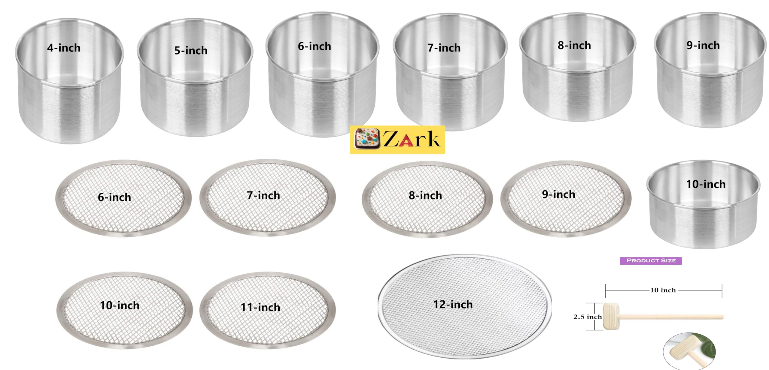 Zark Almunium Round Baking Pan Mould 6/7/8/9/10 and Pizza Jaali 6/7/8/9/10/11/12 and Cake Hammer Crusher Free Pack of 15