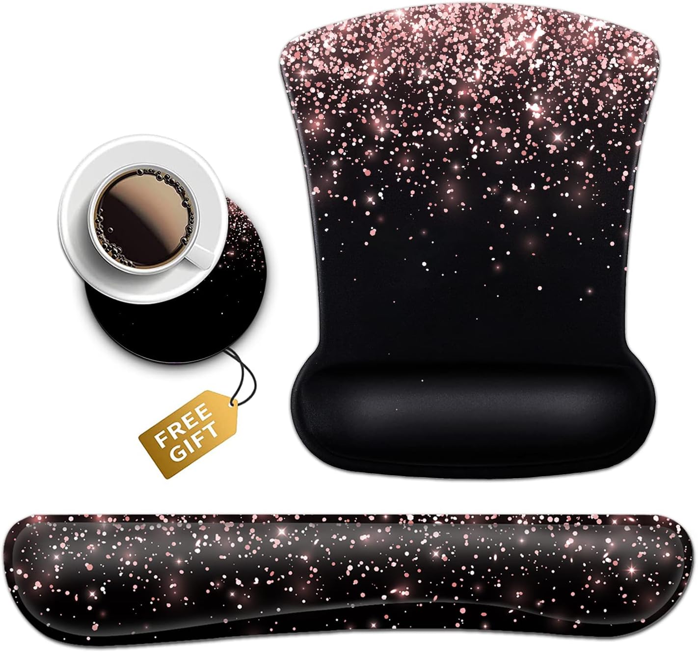 Rose Gold Glitter Mouse Pad with Wrist Support - Ergonomic Gel & Soft Memory Foam Keyboard Rest, Suitable for Office Typing & Gaming, Dirt-Resistant