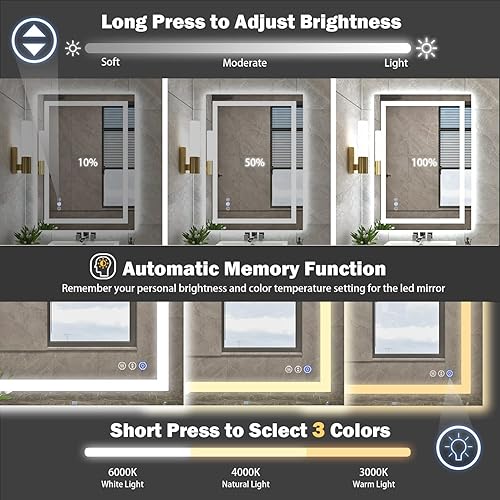 Miniatura 4 de Espejo de baño LED de 20 x 28 pulgadas con luz frontal + retroiluminada, espejo de baño de vidrio templado con luces, antivaho, 3 colores con