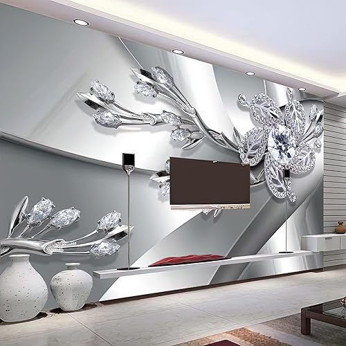 Miniatura 3 de Papel tapiz 3D de flores de diamante plateado, arte moderno de lujo, decoración de pared personalizada, pintura de pared para dormitorio y sala de