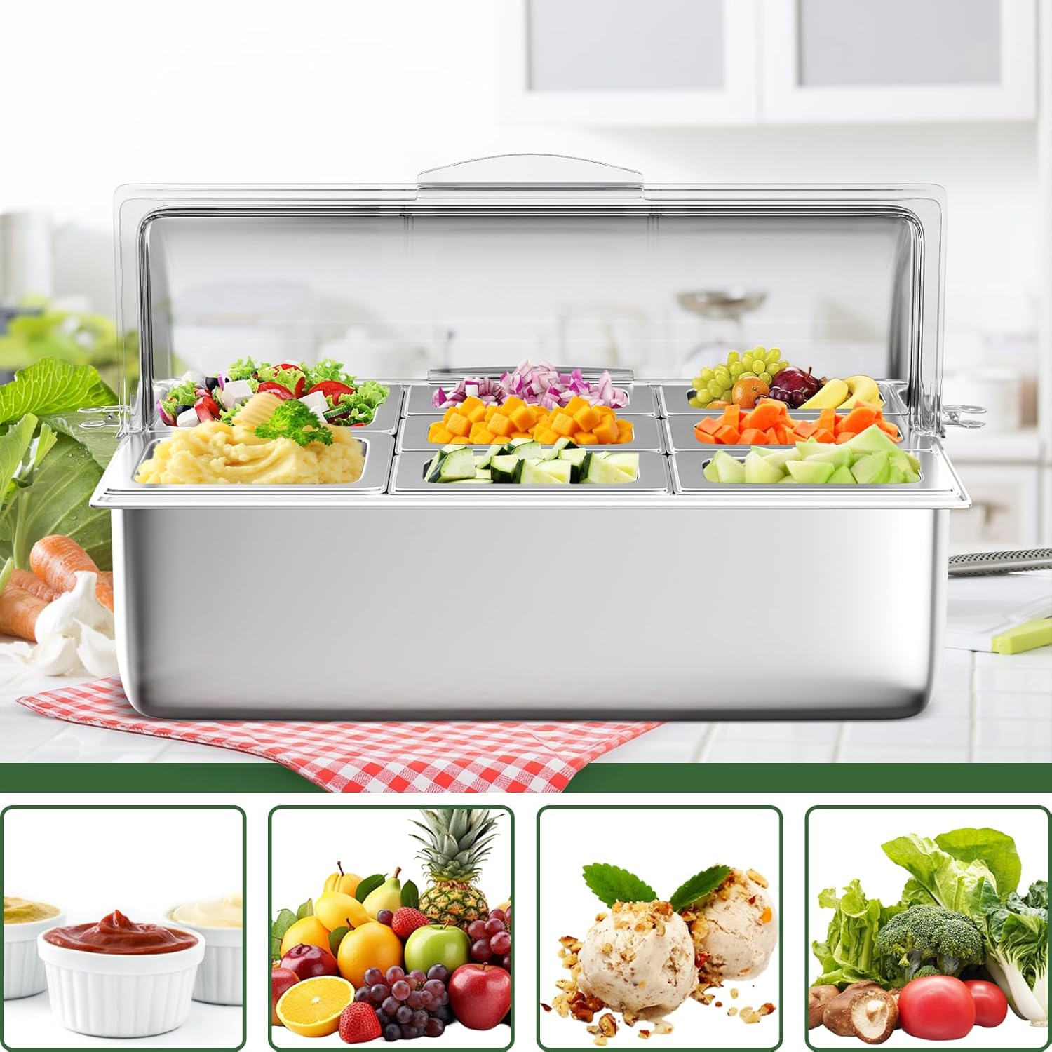 Countertop Food Serving Display Container with Clear Roll Top Cover, Stainless Steel Salad Serving Tray Condiment Dispenser Ice Food Serving Display Tray for Buffet Restaurant Kitchen Party(8 Pan)