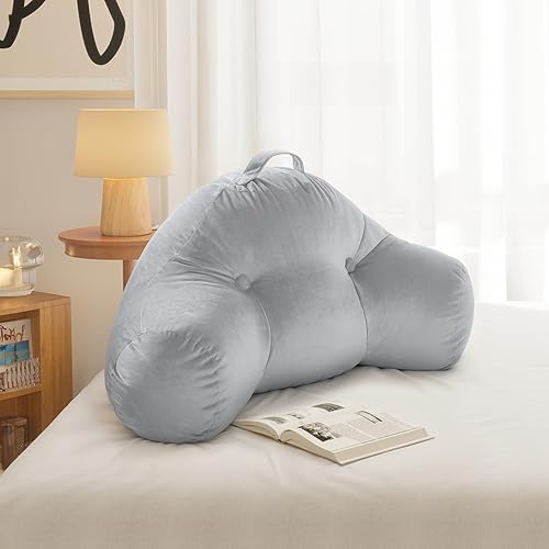Miniatura 7 de Almohada de lectura con respaldo de cama para dormitorio con brazos sentados en la cama sofá para adultos, cojín de terciopelo gris, soporte lumbar