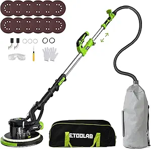 Drywall Sander - ETOOLAB Electric Drywall Sander 1000-2100RPM with Auto Dust Collection 360° Swivel Head, Powerful Wall Sander with 5 Variable Speed LED Lightfor Ceilings, Floors Discs Sander